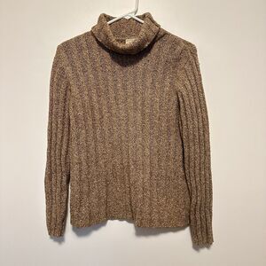 Vtg LL Bean Sweater Womens M Tan Wool Silk Blend Fisherman Rib Knit Turtleneck